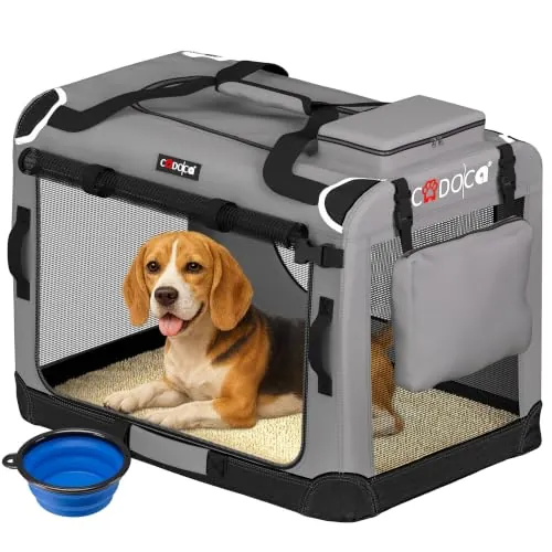 CADOCA® Transportín Mascotas Plegable con Alfombrilla Suave y Tazón Talla L 70x52x50cm Bolsa Viajes Transportadora Perros Gatos Gris