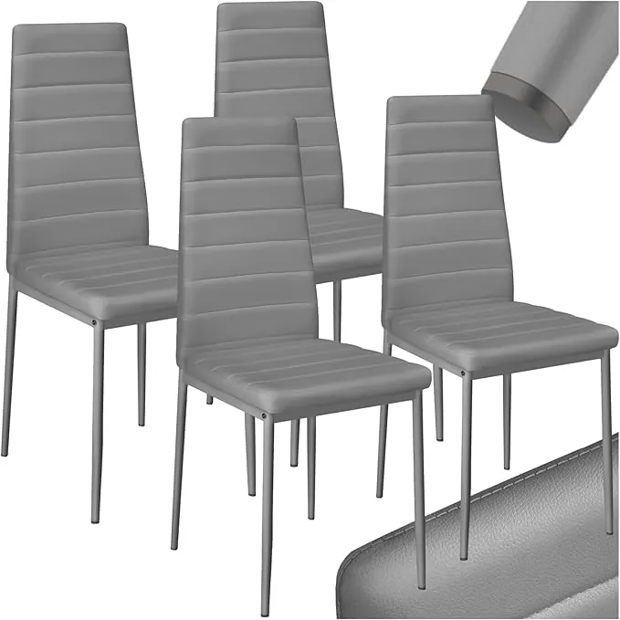 tectake® sillas de comedor acolchadas, funda de cuero sintético, respaldo alto, patas de acero, montaje sencillo, sillas comedor modernas, muebles salon modernos, silla nordica - 4 Sillas Gris