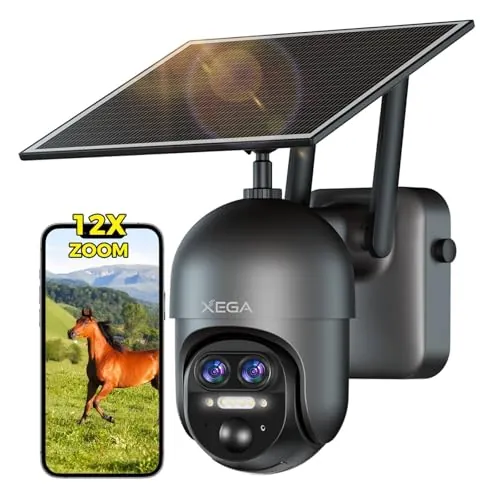 Xega Cámara Solar 4G LTE PTZ 【Doble Lente】 2K 12X Zoom Exterior | Batería 10400mAh, Visión Nocturna, Detección PIR Humana, IP66, Almacenamiento TF y Cloud, sin WiFi necesario