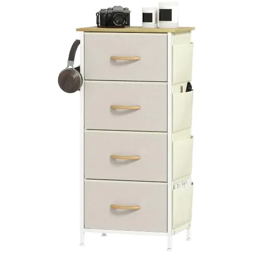 HOMCOM Cajonera de Tela Alta con 4 Cajones 4 Bolsillos 2 Ganchos Beige