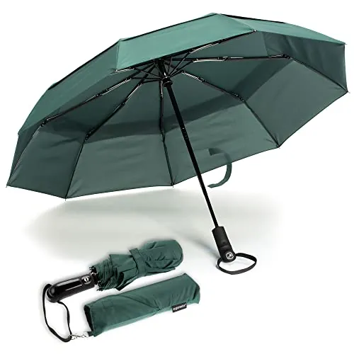 Paraguas de Viaje de Doble Cubierta a Prueba de Viento - Recubrimiento de Tefón, Manija Ergonómica y Manga protectora - Diseño portátil compacto y plegable de peso ligero y alta resistencia al viento