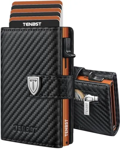 TENBST Carteras para Hombre - Ultrafina Cartera Hombre con Monedero y protección RFID, Tarjetero pequeño Premium, Billeteras para de Lujo para 10 Tarjetas de crédito (Negro & Naranja)
