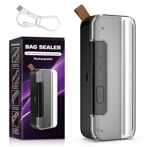 Mini Sellador de Bolsas, 2 en 1 con Cortador - Selladora Térmica Portátil Recargable por USB, Base Magnética (Auto-Off), Termoselladora para Bolsas de Virutas, Aperitivos,Frutas,Galletas- Negro