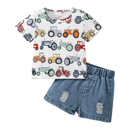 JENJON Conjunto Verano para Bebé Niño Pequeño Manga Corta Bordado de Elefante a Rayas Camiseta y Pantalones Cortos de Mezclilla 2 Piezas Primavera Ropa de Trajes blanco tractor 6-12 Meses