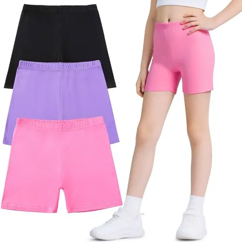 Domueay Shorts Pantalones Niñas, Cortos de Ciclismo Leggings Algodón Pack de 3, Elástica Mallas Cortas Transpirable Deporte Danza Verano Cómodo Short Pantalón 7-8 Años, Negro Morado Rosa