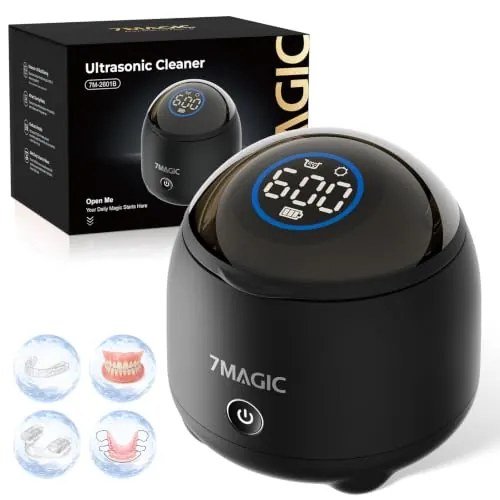 7MAGIC Limpiador ultrasonidos sin cable para férula, 48 kHz, Negro | USB-C, hasta 14 ciclos, limpiador ultrasónico para férulas, alineadores y prótesis, en casa, oficina y viaje
