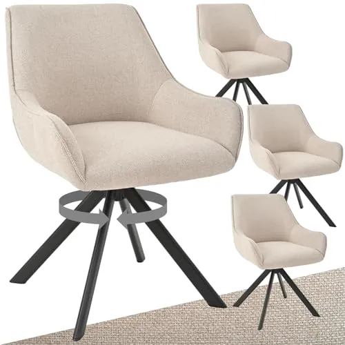 Goeurvant Juego de 4 sillas de comedor giratorias con reposabrazos – Silla acolchada giratoria 360° de lino moderna, silla de cocina con estructura metálica y respaldo para comedor, sala de estar