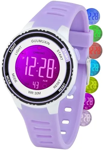 GUUMUXIN Relojs Digital para Niños, Reloj Deportivo con 7 Luces Indicadoras de Color, Pantalla de Reloj Acrílica, Resistente al Agua hasta 3 ATM, Relojs de Pulsera para Niñas y Niños