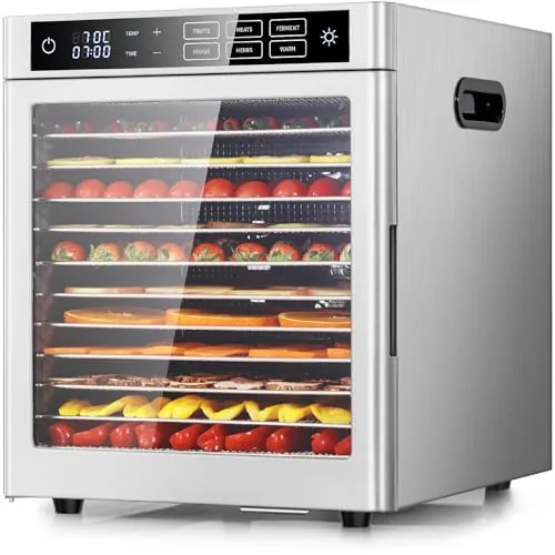 Kwasyo Deshidratador de Alimentos Acero Inoxidable 12 Bandejas, 6 Funciones Preestablecidas, Deshidratador de 800W, 6 Tapetes de Silicona, 2 Tarros, 2 Bandejas para Rollos de Frutas, Receta Incluida