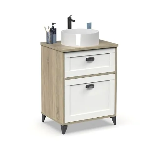 MUEBLES PITARCH | Mueble de Baño 60cm Ancho con Lavabo cerámico Incluido, con Patas, Cajón guías Cierre Suave, 1 Puerta, Blanco y Roble Cambrian, Estilo Vintage Modelo Toscana
