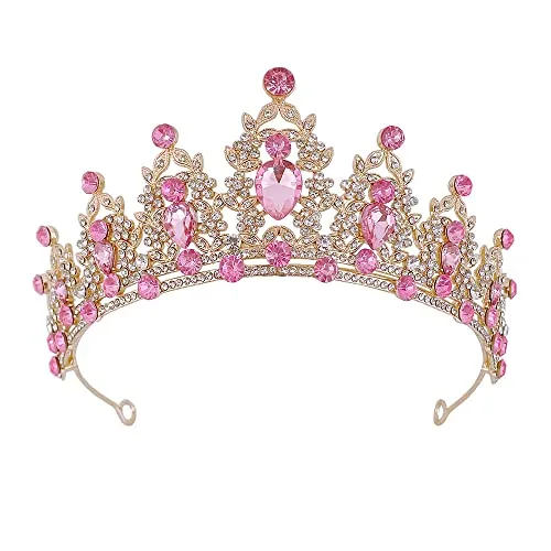 Dorado Corona Princesa Niña Rosa Pedrería Diamantes Cristal Tiara Reina Corona Mujer Crown Zenith Disfraz Corona Para Tarta de Cumpleaños Halloween Cosplay Navidad Decoración para El pelo