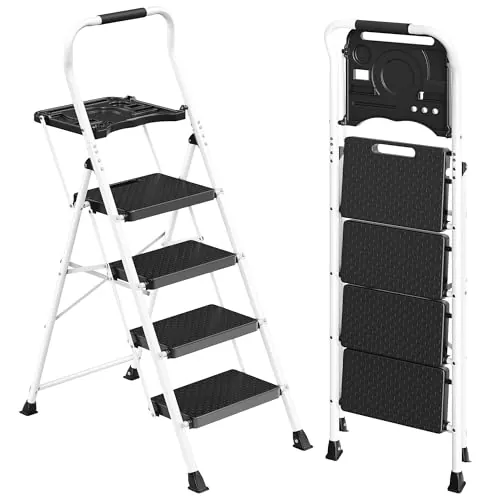 SONGMICS Escalera de Acero, Escalera Plegable de 4 Peldaños, Carga de 150 kg, para Casa, Oficina, Jardín, 84 x 45,5 x 145,2 cm, Blanco GSL204WZ01