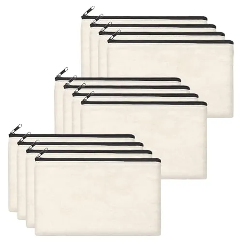 Hsyadazi 12 bolsas de tela en blanco para manualidades, estuche pequeño, de lona, neceser de tela para pintar, 21 x 12 cm, estuche de tela en blanco con cremallera