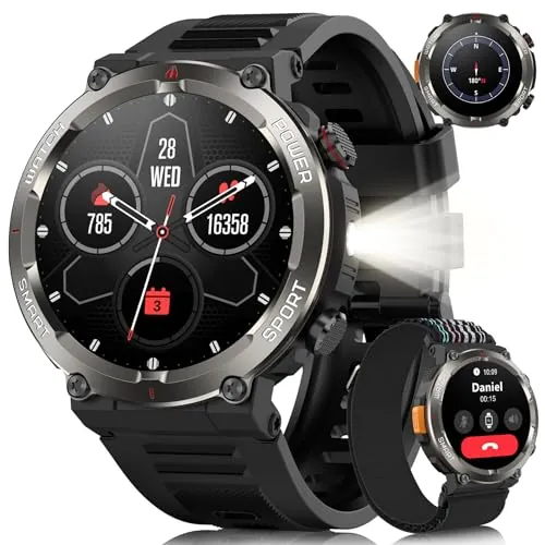 Reloj Inteligente Hombre Militar(Realizar/Recibir Llamadas),1.45" Smartwatch con Linterna LED y Brújula, Batería de 960 mAh,Pulsómetro,Monitor de Sueño, 123 Modos Deportivos, IP68,para iOS y Android