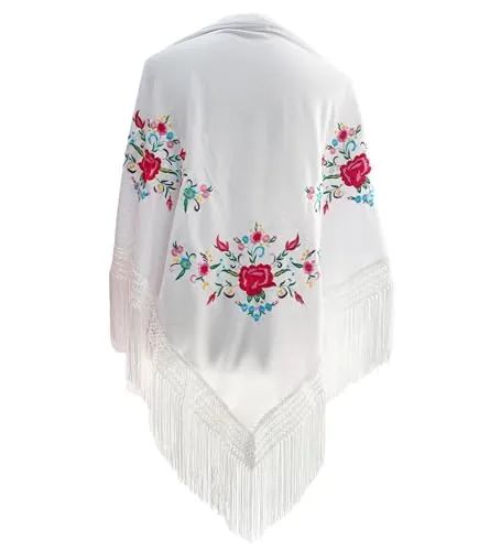 Yusons Mantón de Manila Mujer de Pico en Triángulo, Mantones de Flamenca Bordado en Flores, Mantoncillos de Flamenca de Flor (Blanco)