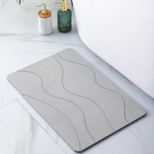Pure 4Home Alfombra Diatomita Baño 60x40 – Secado Rápido, Antideslizante y Antibacteriana – Alfombrilla Piedra Diatomita Super Absorbente – Alfombrilla Diatomitas - Stone Bath Mat (Grey Waves)