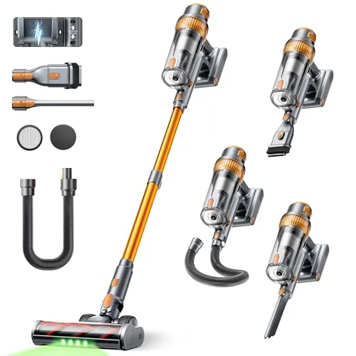 SMOTURE Aspiradora sin Cable 50KPA/600W/65Min, Aspirador Escoba con Manguera de 1M, Cepillo Anti-Enredo con Luz, Modo Automático, Base de Carga de Pared, para Pelo de Mascota/Suelos/Alfombras/Coche