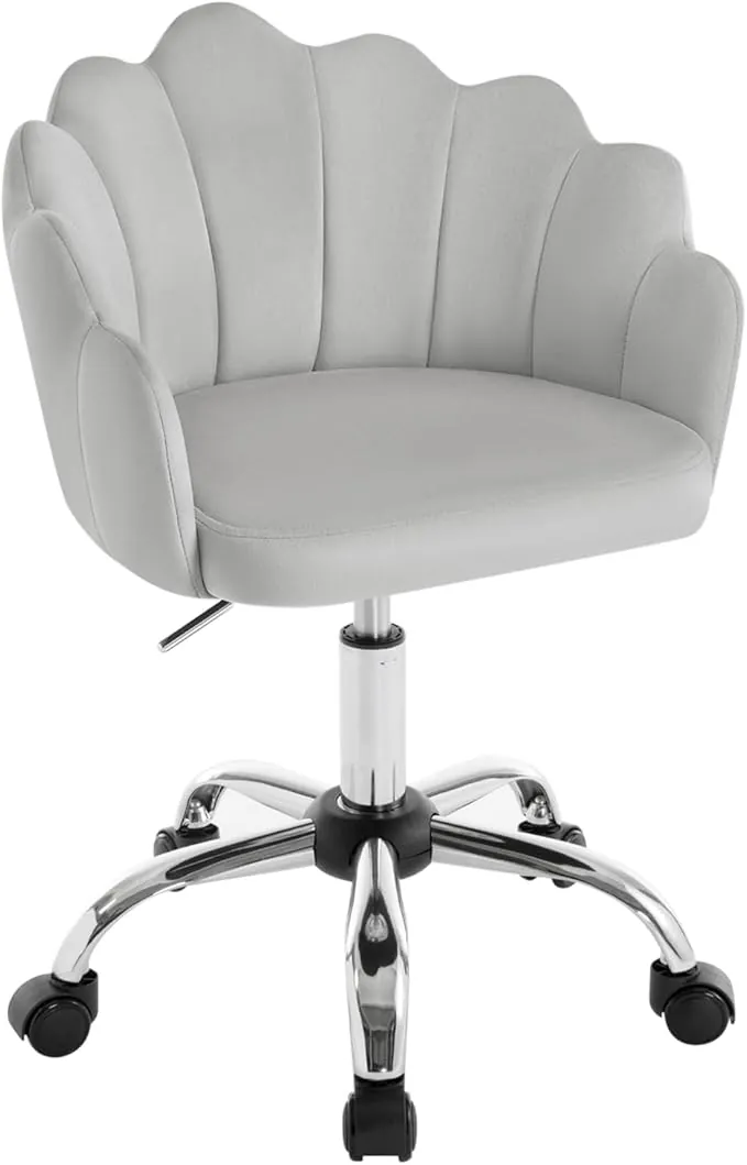 WOLTU Silla de Tocador Terciopelo con Respaldo de Petalos, Silla Giratoria con Ruedas, Ergonómica para Maquillaje, Patas de Metal, Gris Claro