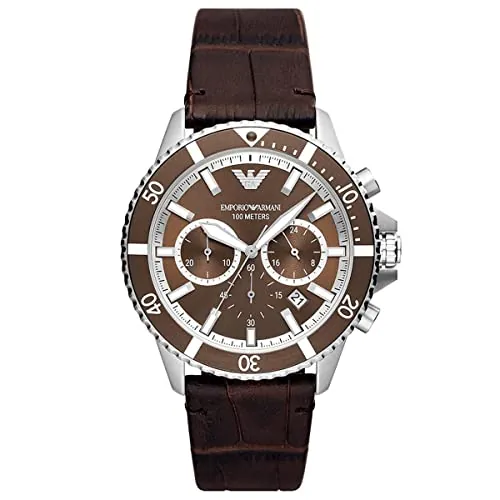 Emporio Armani Reloj Hombre, Movimiento cronógrafo, 43mm caja de acero inoxidable na con correa de piel ProPlanet, AR11486, Marrón y tono plateado