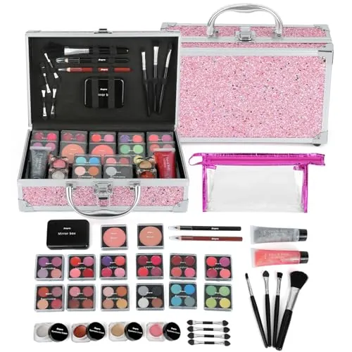 Anpro Maletín de Maquillaje para Niñas con Set de Maquillaje Pro Teen | Kit Completo de Cosméticos con Pinceles de Maquillaje, Pintalabios, Paleta de Sombra de Ojos, Colorete, Purpurina en Gel-Rosa