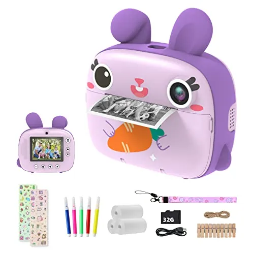 CAMCLID Camara Fotos Infantil Instantanea, 12MP/1080P Cámara Instantánea para Niños con Papel de Impresión Sin Tinta y Tarjeta 32G, Regalos para Niños y Niñas 3 a 12 Años (Violeta)