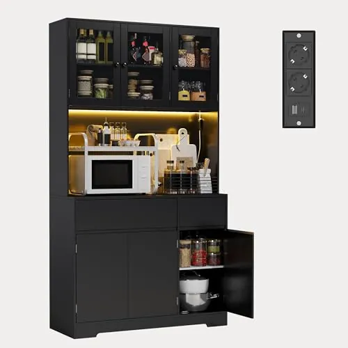 Xbro Armario Cocina Alto con LED y Enchufe, Mueble Auxiliar Cocina con Vitrina 6 Puertas 2 Cajones, Ideal para la Cocina, el Comedor y el salón, 100x38,5x180 cm