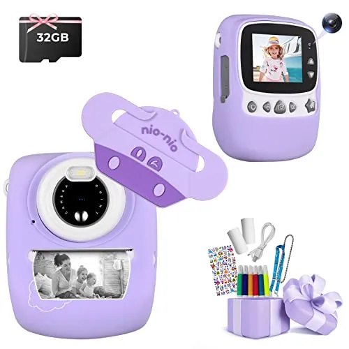 Cámara Infantil, 30 MP, cámara instantánea para niños, impresión en Blanco y Negro, Foto con Pantalla de 1080P de 2,4 Pulgadas, cámara Digital para niños con Tarjeta TF de 32 G, Doble cámara, Morado