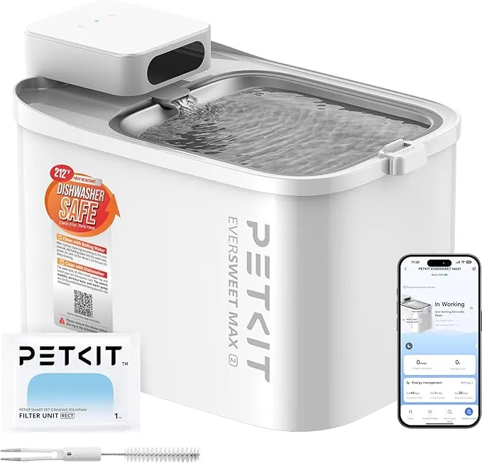 PETKIT EVERSWEET MAX 2 Fuente para Gatos sin Cable, Resistente al Calor, con Sensor de Movimiento, 5000mAh Batería Recargable, Control de App, 3L Bebedero Gatos Automático, Acero Inoxidable