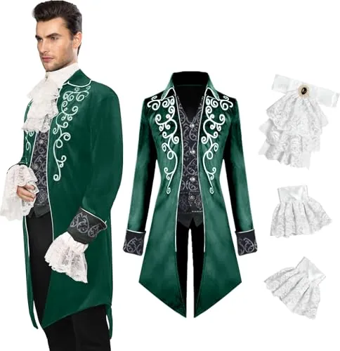 YQVGFBY Ropa medieval para hombre, chaqueta medieval steampunk, abrigo gótico, abrigo victoriano, disfraces para hombre, disfraces de Halloween de pirata vampiro (verde, XXL)