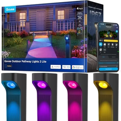 Govee Luces para Caminos Exteriores 2 Lite RGBWIC, Inteligente Iluminación de Caminos con Impermeable IP67, Compatible con Matter, Alexa y Google Assistant, Luz Exterior para Jardines para Paseo, 4pcs