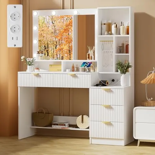TRIUMPHKEY Tocador de Maquillaje Amplio con Espejo y Luces LED Regulables, Mesa con Enchufes Integrados, 5 Cajones Grandes, Ganchos para Joyas y Estantes de Almacenamiento, Moderna, Blanco