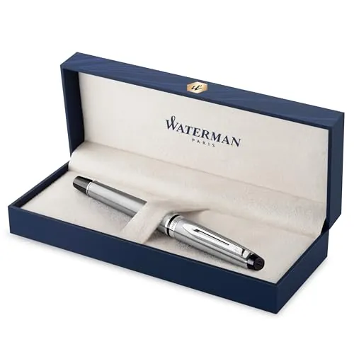 Waterman Expert pluma estilográficaacero inoxidable con adorno cromadoplumín mediano con cartucho de tinta azulestuche de regalo
