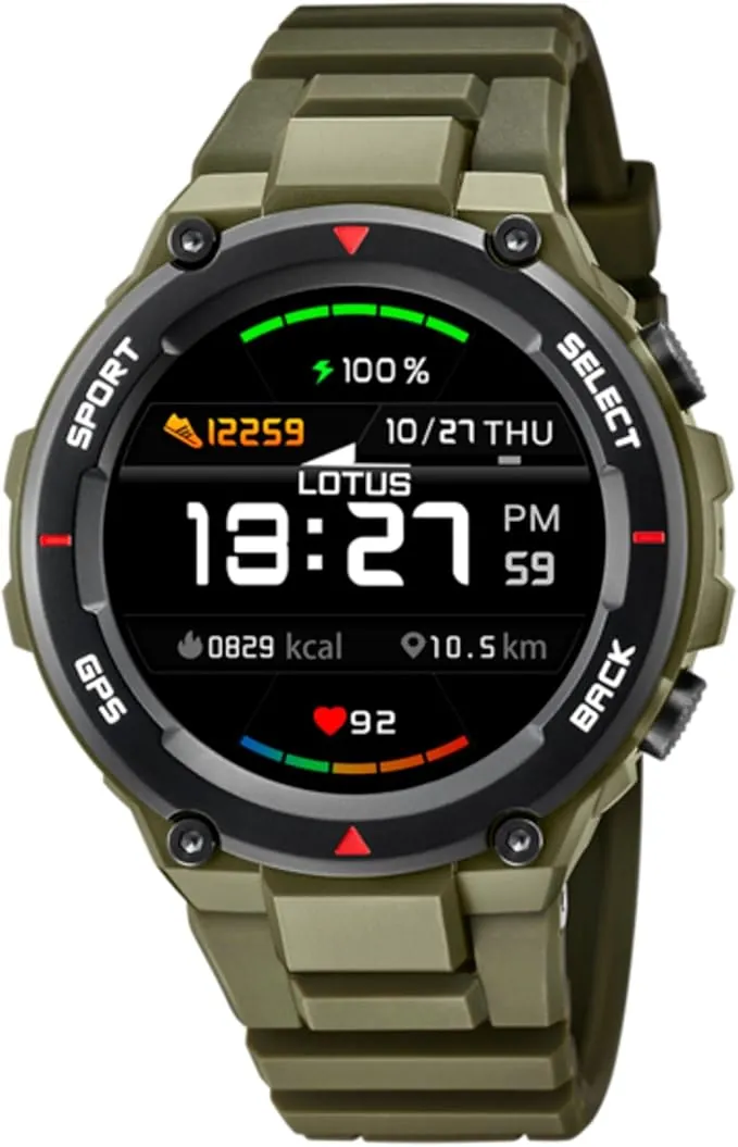 LOTUS Reloj Inteligente Hombre - Smartwatch de Caucho - Militar - Resistente al Agua IP65 50024 - GPS, Control Música, Cuenta Pasos y Calorías, Multi Deportes, Frecuencia Cardíaca y Presión