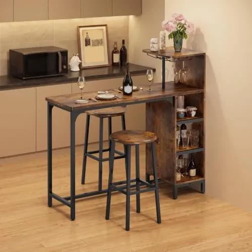 Xbro Juego de Bar con 2 Taburetes, Mesa de Bar con Portacopas de Vino y Estante, Estructura Metálica, Diseño Industrial para Bar y Comedor(Retro)