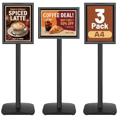 VAIIGO 3 Unidades Soporte para Carteles A4 Pesado, 360° Rotativo con Base Metálica Estable, Soporte de Información y Expositor Publicitario para Negocios, Display y Show, Color Negro