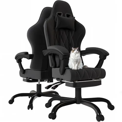 JUMMICO Silla Gaming de Tela con Relleno de Muelles, Silla de Ordenador Ergonómica con Masaje, Reposacabezas y Reposapiés, Silla de Trabajo Ajustable en Altura y Resistente 150 kg, Negro