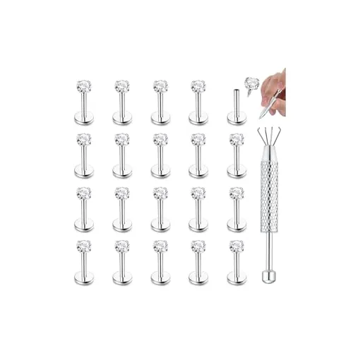 Cassieca - Lote de 20 unidades, 16 g, hipoalergénica, de acero inoxidable, tachuelas de labio, con 3 mm, CZ cartílago Tragus Helix Monroe, Piercing Stud Bijoux 6 mm 8 mm 10 mm, Acero inoxidable