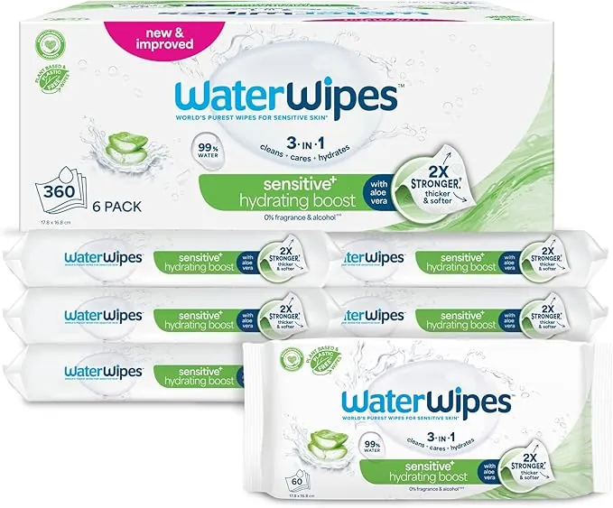 WaterWipes Sensitive+ Hydrating Boost Wipes, Toallitas Hidratantes, 360 unidades (paquete de 6), 3 en 1 Limpia, Cuida, Hidrata, 99% Agua con Aloe Vera, Toallitas sin perfume para bebés