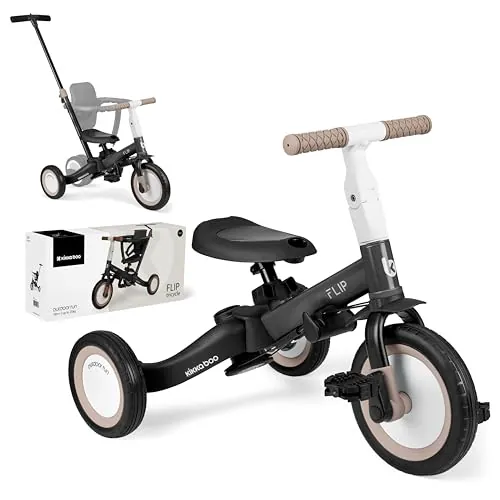 KikkaBoo Triciclo Evolutivo de Bebé 5 en 1 Flip, Bicicleta Niños Desde 1 Año hasta 5 años, Trike, De Triciclo a Bicicleta con o sin Pedales, Ajustable y Transformable, Negro