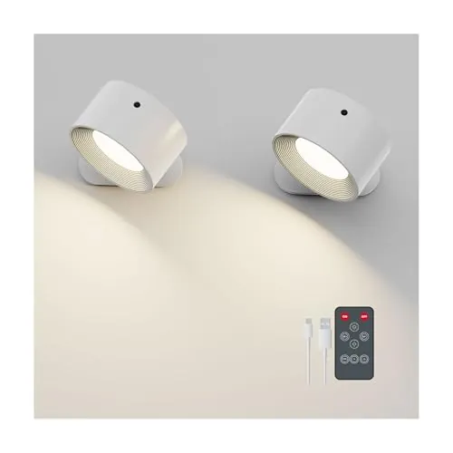 Feallive Lámpara de Pared 2 Pcs, Aplique Led Interior con Mando a Distancia Regulable con Batería Recargable 3 Niveles de Luminosidad 3 Modos de Color Orientable 360º para Dormitorio Blanco