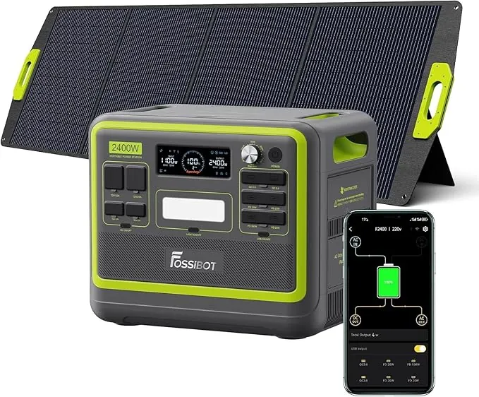 FOSSiBOT F2400 Generador Solar Portatil, Panel Solar de 200W, Batería LiFePO4 de 2048Wh, Carga del 80% en 1,5 Horas, Salida de 2400W CA (4800W Pico), Estacion de Energia Portatil para Camping, Viajes