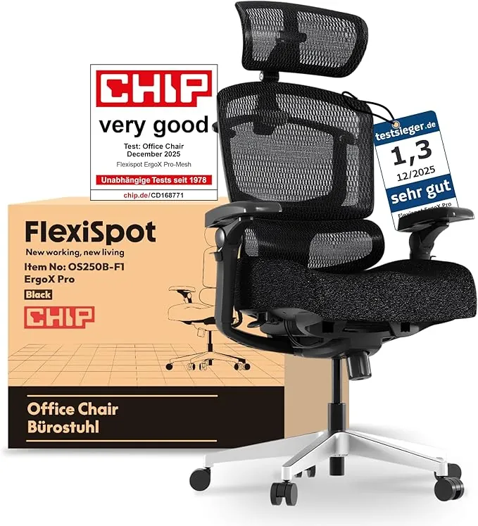 FLEXISPOT ErgoX Pro Silla de Oficina Ergonómica, Ajuste Altura 12 Niveles, Reposabrazos 7D, Soporte Lumbar 5D, Reposacabezas 4D, Carga 250 kg, Asiento Espuma Transpirable, Negro