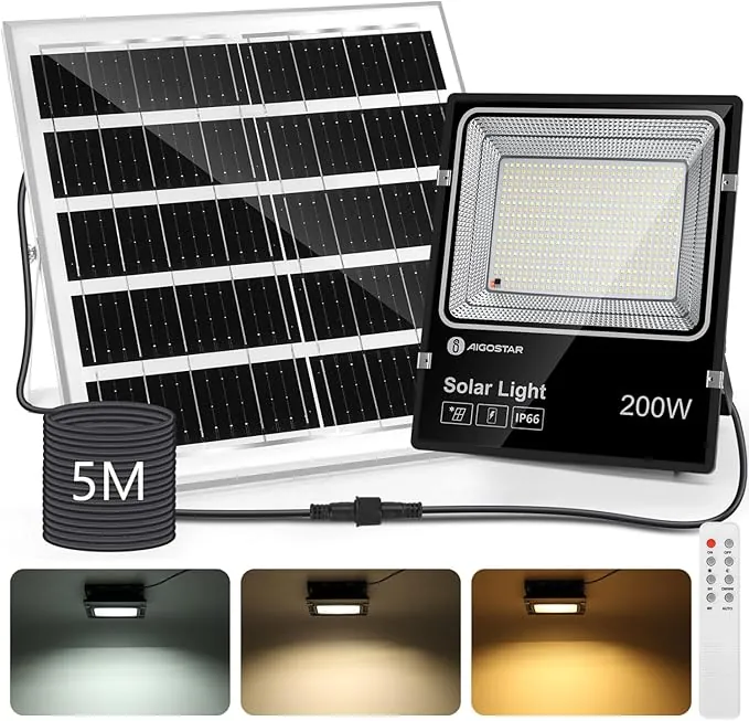 Aigostar - Foco solar exterior con mando a distancia，Cable de 5m.16000mAH，Batería de gran capacidad y gran panel solar.regulable 3000/4000/6500K. Uso interior/exterior IP66:jardín，patio，camino
