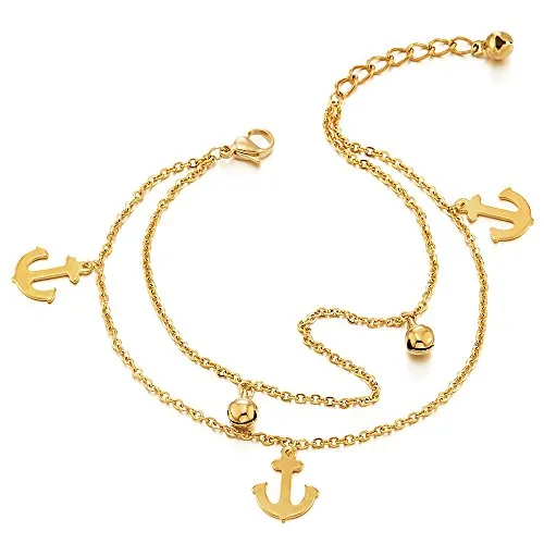 COOLSTEELANDBEYOND Dos Hileras Acero Inoxidable Color Oro Tobillera para Mujer con Ancla Charms y Cascabel