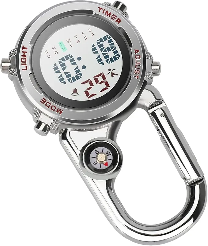Reloj de mosquetón digital con clip, reloj de cuarzo multifuncional, reloj FOB, reloj luminoso, brújula, mosquetón con brújula, para médicos, enfermeras, paramédicos, chefs, deporte, unisex