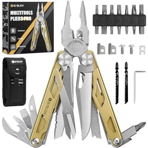 BIBURY Multiherramienta de Alicates, Navaja Multiusos de Acero Inoxidable con Tijeras y Juego de Destornilladores, Portátiles Alicates Plegables para la Trabajo Exterior, Camping- Pro- Titanio- Oro