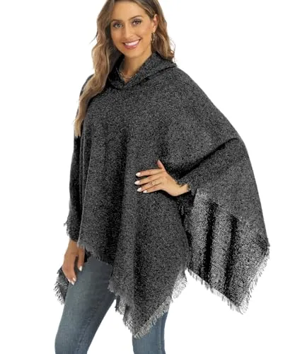 crazy bean Poncho Mujer Invierno con Flecos Capa de Punto Elegante con Cuello en V para Otoño con Capucha Cálido Negro