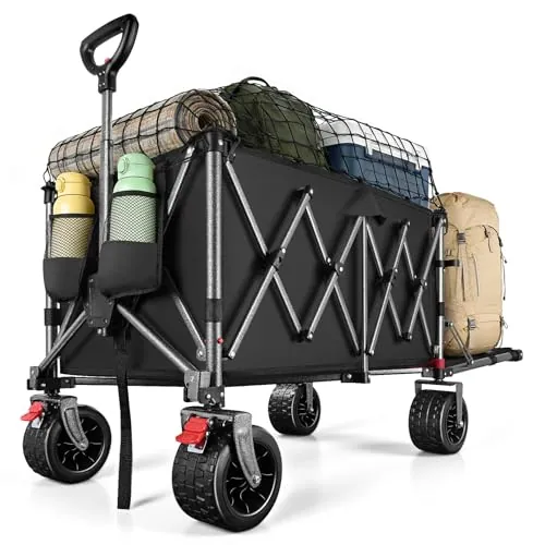 YEAUPE PRO Carro Plegable Todo Terreno – Frenos Dobles, Ruedas Anchas, Estructura Reforzada, Mango Ajustable – Ideal para Playa y Camping – 200-300L, Negro