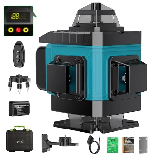 Nivel Laser Autonivelante 360 Grados, Nivel Láser Verde 16 Líneas, 2 x 360 Horizontal y 2 x 360 Verticales, 2 x Batería, Montaje en Pared, Control Remoto, Base Magnética, Soporte Giratorio