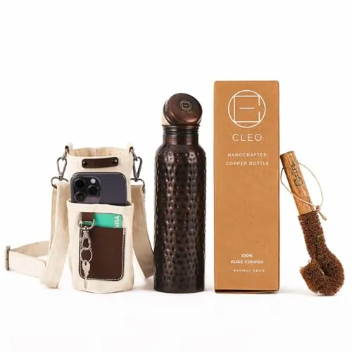 AVA DESIGNZ Botella de Agua de Cobre Negro Martillado a Mano 950 ml – Botella Deportiva Ayurvédica Antifugas Sin BPA para Yoga Gimnasio y Oficina con Bolsa de Lona Bolsillo, Porta Tarjetas y Cepillo